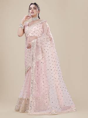 Baby Pink Net Silver Sequin Embroidered Party Wear Saree 5