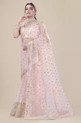 Baby Pink Net Silver Sequin Embroidered Party Wear Saree