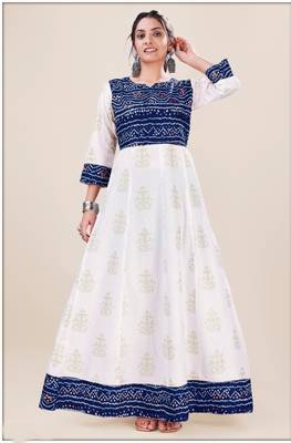 Heavy_Rayon White & Navy Blue Pigment Bandhani Print Foil Anarkali_Kurti 1