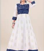 Heavy_Rayon White & Navy Blue Pigment Bandhani Print Foil Anarkali_Kurti
