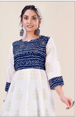 Heavy_Rayon White & Navy Blue Pigment Bandhani Print Foil Anarkali_Kurti 3