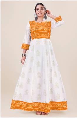 Heavy_Rayon White & Mustard Pigment Bandhani Print Foil Anarkali_Kurti 1