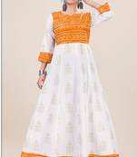 Heavy_Rayon White & Mustard Pigment Bandhani Print Foil Anarkali_Kurti