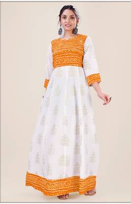 Heavy_Rayon White & Mustard Pigment Bandhani Print Foil Anarkali_Kurti 5