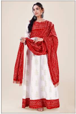 Heavy_Rayon White & Red Pigment Bandhani Print Foil Anarkali Kurti_Dupatta Set 5