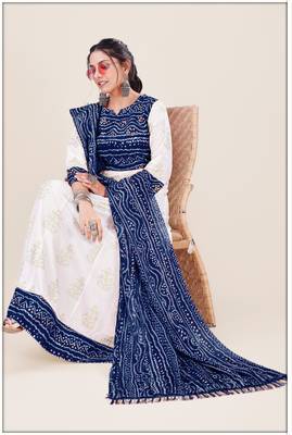 Heavy_Rayon White & Navy Blue Pigment Bandhani Print Foil Anarkali Kurti_Dupatta Set 1