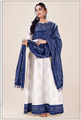 Heavy_Rayon White & Navy Blue Pigment Bandhani Print Foil Anarkali Kurti_Dupatta Set 4