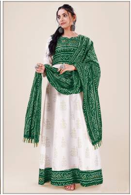 Heavy_Rayon White & Green Pigment Bandhani Print Foil Anarkali Kurti_Dupatta Set 3