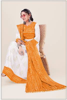 Heavy_Rayon White & Mustard Pigment Bandhani Print Foil Anarkali Kurti_Dupatta Set 1