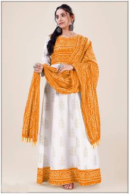Heavy_Rayon White & Mustard Pigment Bandhani Print Foil Anarkali Kurti_Dupatta Set 2