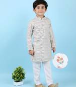 Kids farm cotton silk full sleeves floral printed and sequiend kurta pyjama set-white