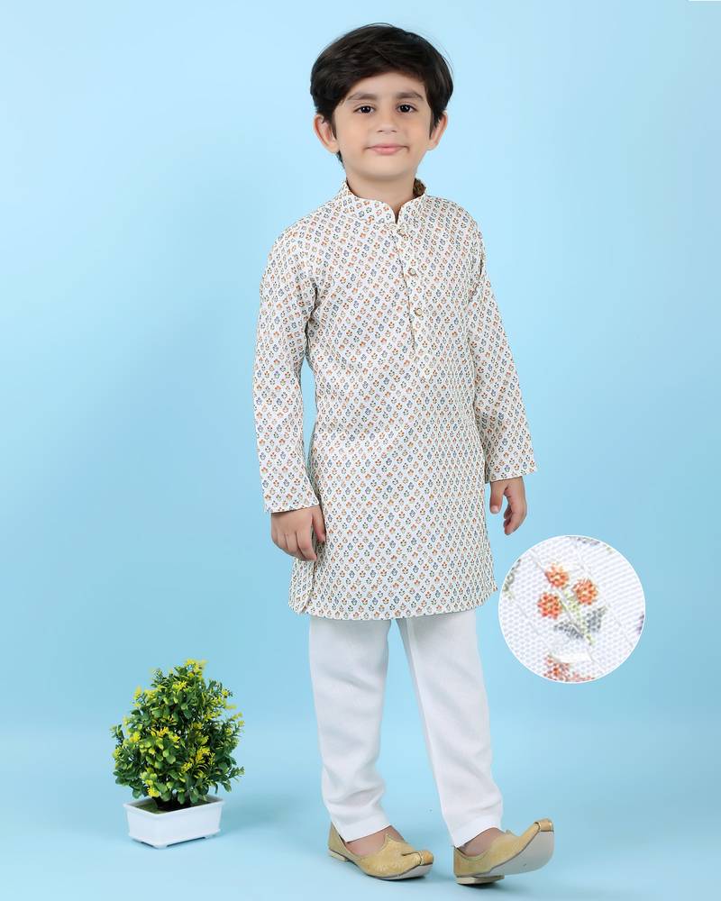 Kids farm cotton silk full sleeves floral printed and sequiend kurta pyjama set-white