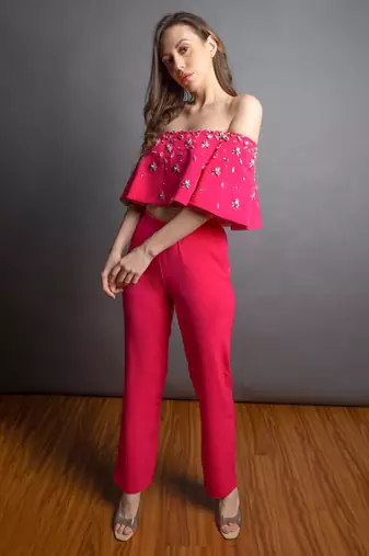 Hot pink embriodered lachka top & pant set