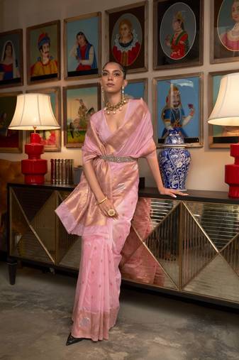 Kimisha women's pink silk woven saree with unstitched blouse piece