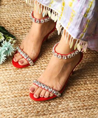 Kash (White And Silver Stones And Pearl, Red Suede High Heels Ankle Strap) 1