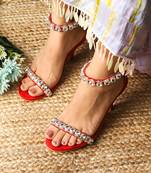 Kash (White And Silver Stones And Pearl, Red Suede High Heels Ankle Strap)