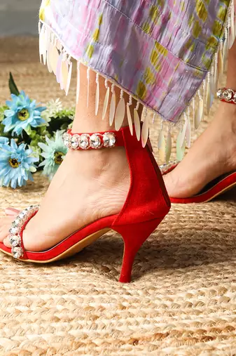 Kash (White And Silver Stones And Pearl, Red Suede High Heels Ankle Strap)