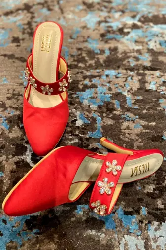Red Suede Embellished Mule Stilettos
