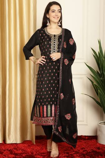 black silk embroidered dress material