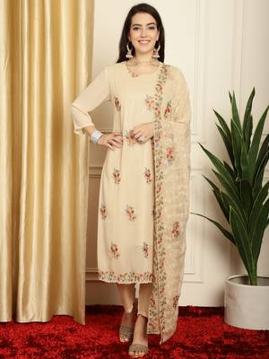 beige georgette embroidered dress material 1