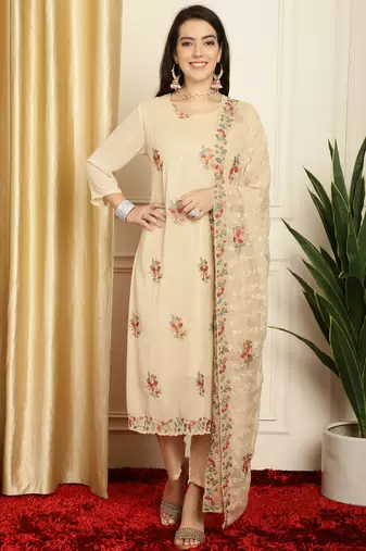 Stylee lifestyle beige georgette embroidered dress material