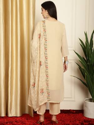 beige georgette embroidered dress material 2