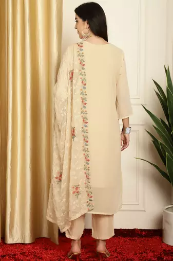 beige georgette embroidered dress material