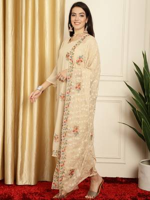 beige georgette embroidered dress material 3