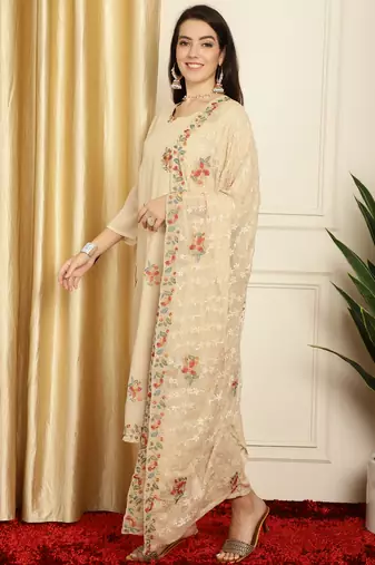 beige georgette embroidered dress material