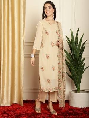 beige georgette embroidered dress material 4