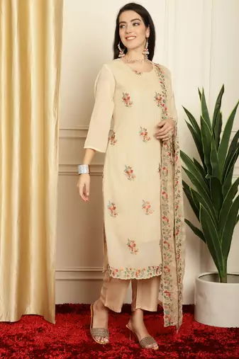 beige georgette embroidered dress material