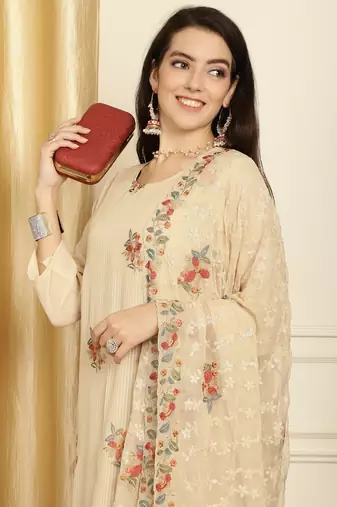 beige georgette embroidered dress material