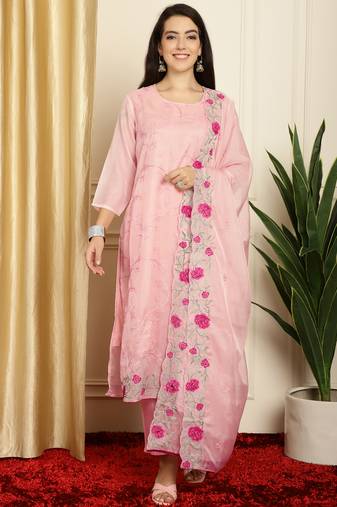 peach organza embroidered dress material