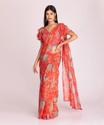 Tangerine red organza saree set 1