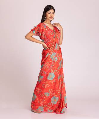 Tangerine red organza saree set 2