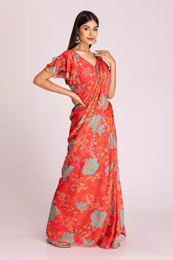 Tangerine red organza saree set