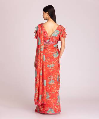 Tangerine red organza saree set 3