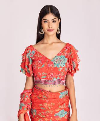 Tangerine red organza saree set 4