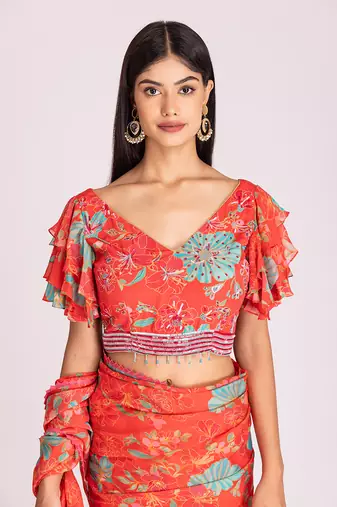 Tangerine red organza saree set