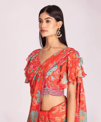 Tangerine red organza saree set 5