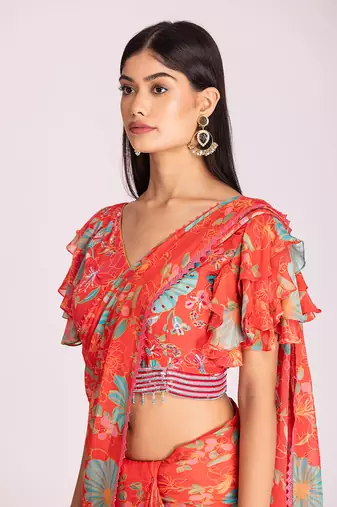 Tangerine red organza saree set