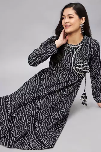 Winered women black bandhej flared angrakha kurta