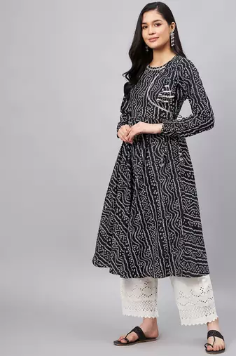 Winered women black bandhej flared angrakha kurta