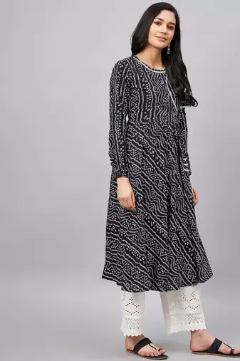 Winered women black bandhej flared angrakha kurta