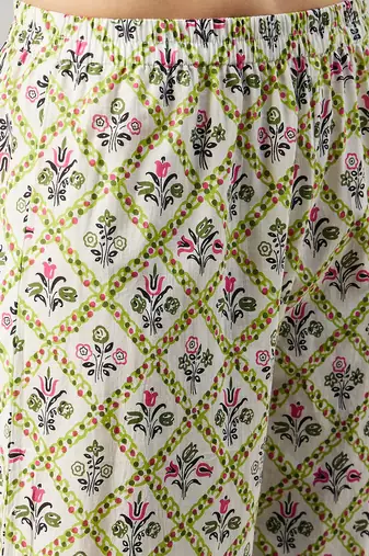 Winered woman green white printed flared kurta set