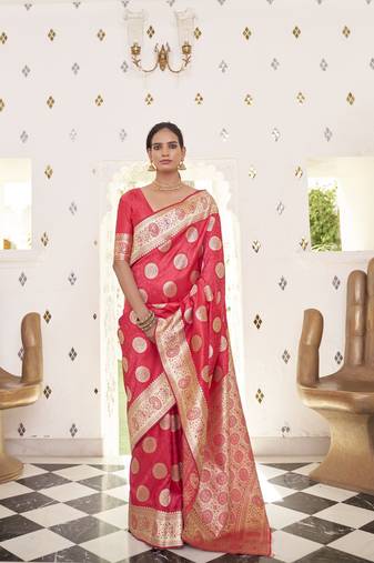 Kimisha women's crimson silk woven saree with unstitched blouse piece