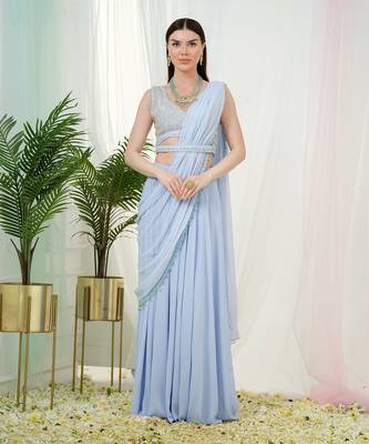 Cerulean blue orla drape saree set 1