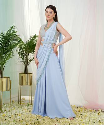 Cerulean blue orla drape saree set 2