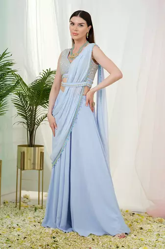 Cerulean blue orla drape saree set