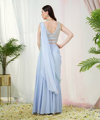 Cerulean blue orla drape saree set 3